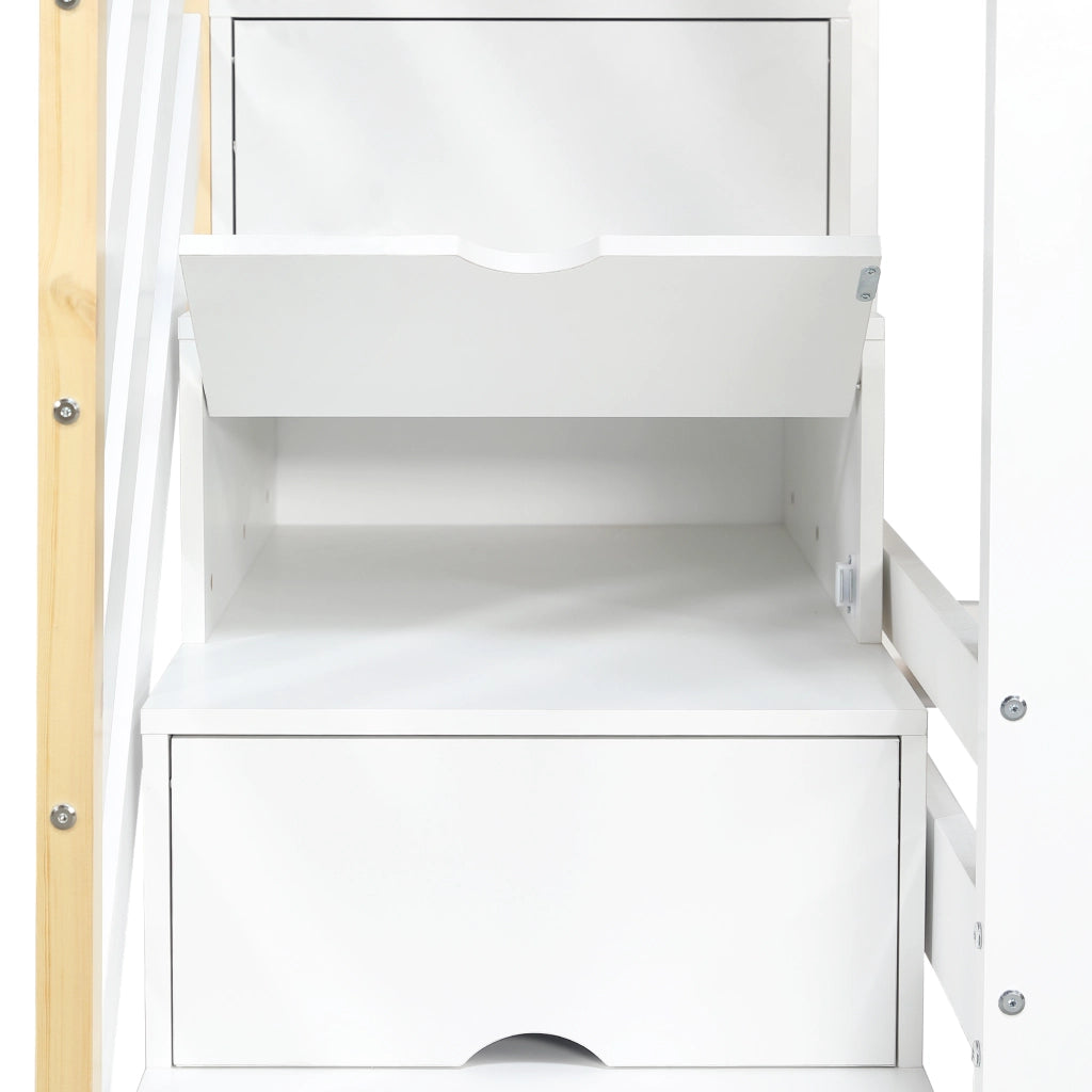 Letto a castello per bambini 90 × 200 cm con scala contenitore, finestre decorative e pannelli in feltro, senza materasso