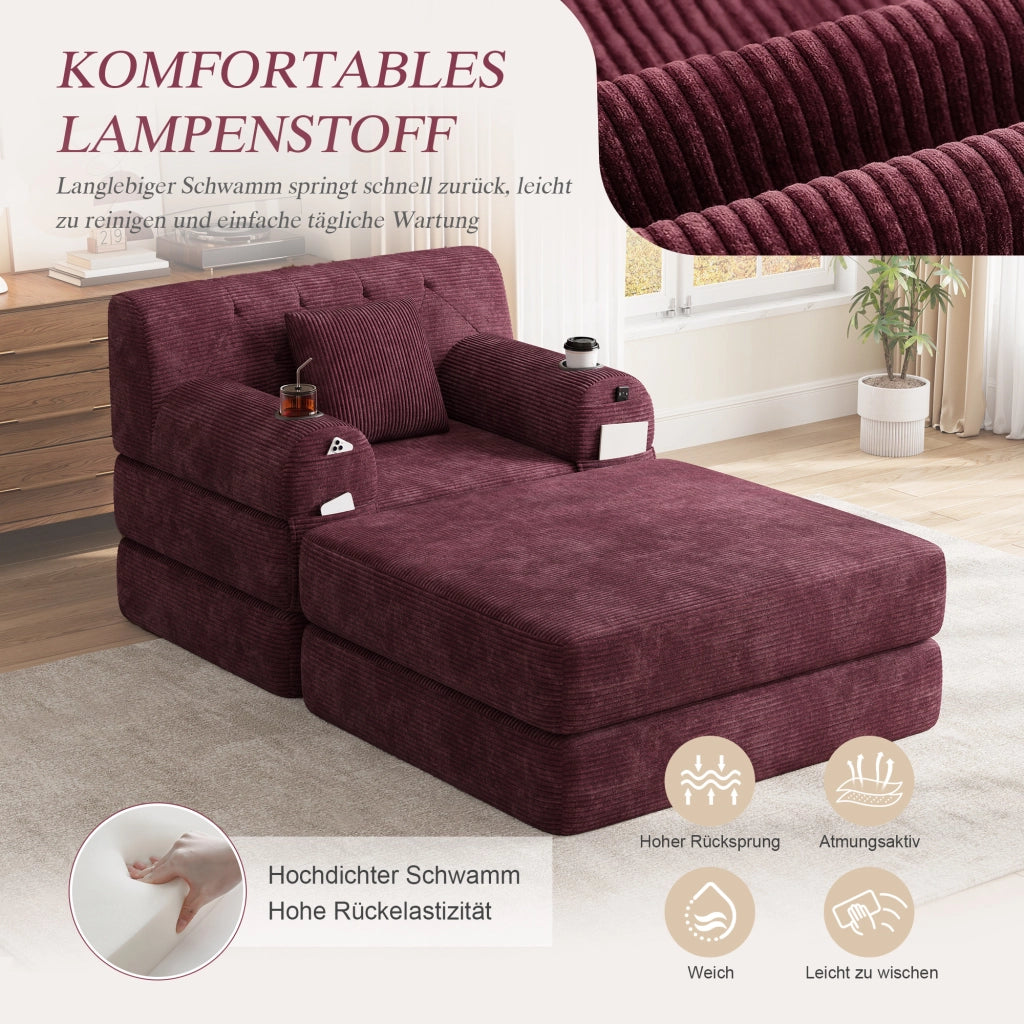 Poltrona da letto convertibile 1 con pouf; schienale alto; portabicchieri 2 e tasche laterali 4; velluto a coste; rosso vino