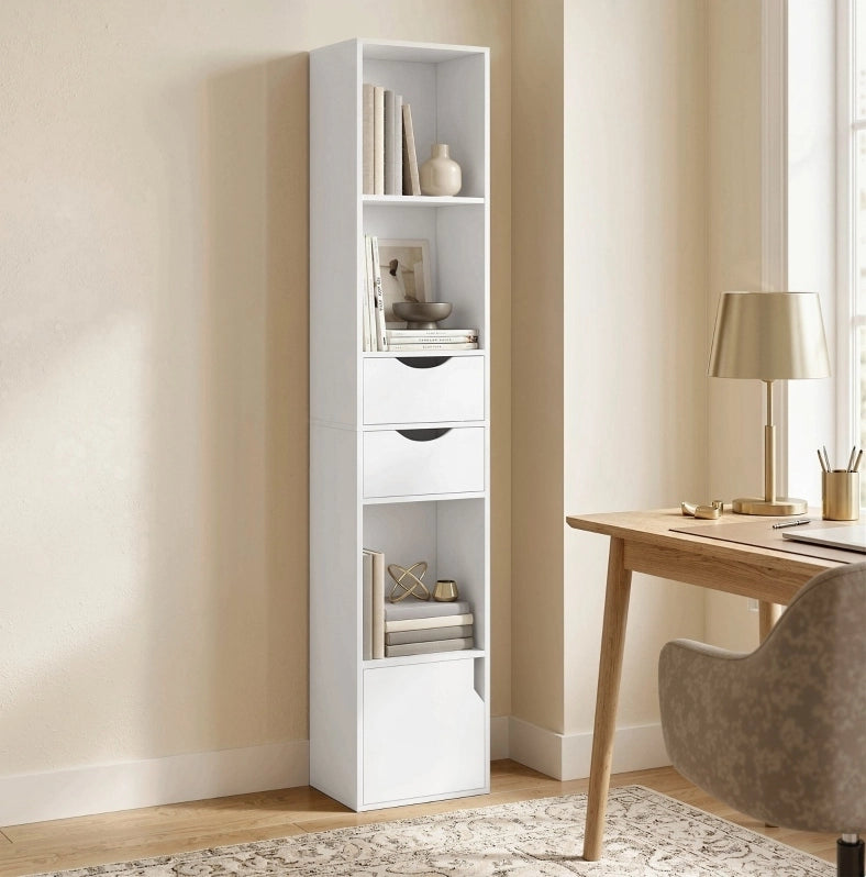 Libreria stretta bianca con 2 cassetti e 3 ripiani aperti, 30x24x158 cm, per ufficio e camera da letto