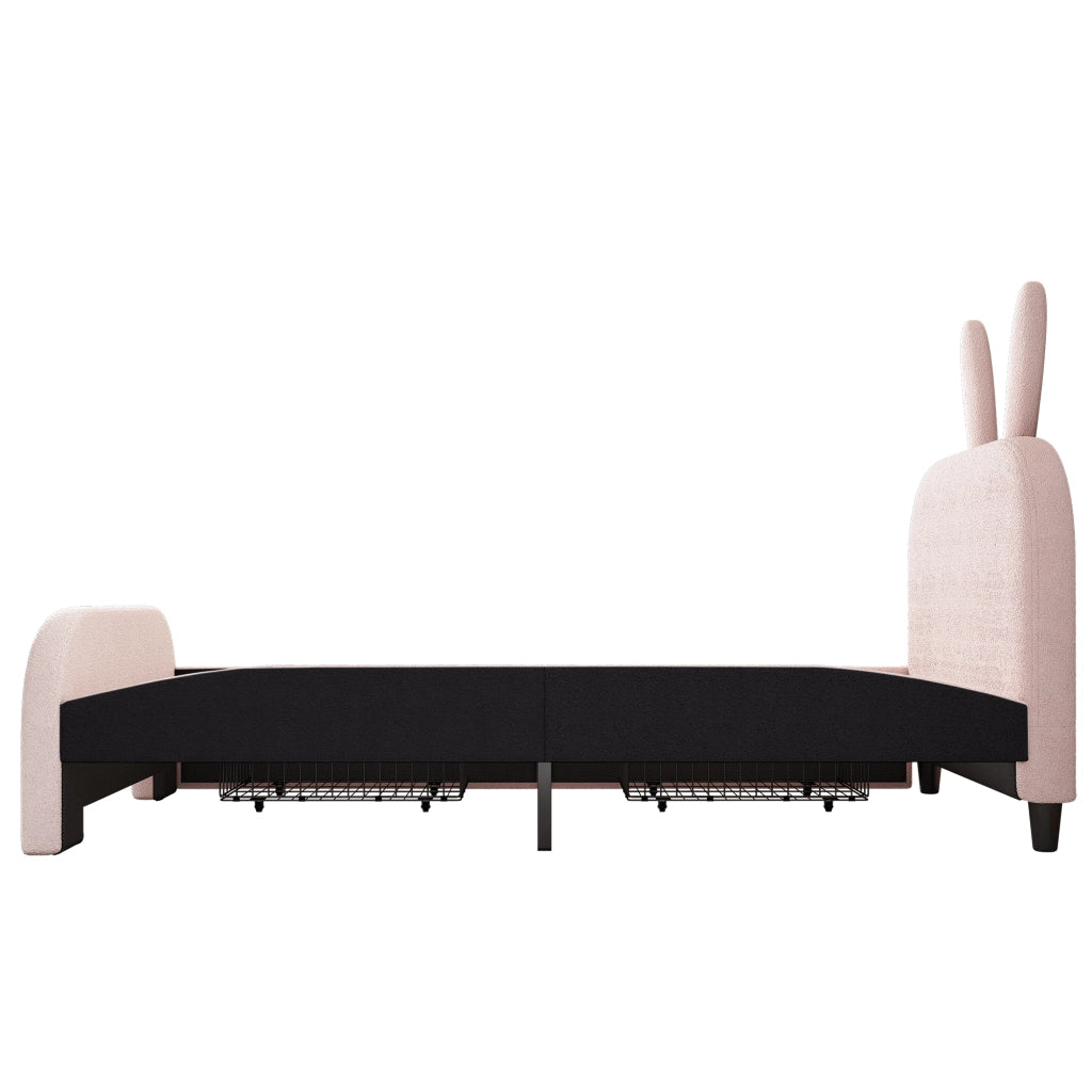 Letto con cassetti 90 × 200 cm con testiera imbottita a coniglio in peluche e MDF rosa con rete a doghe