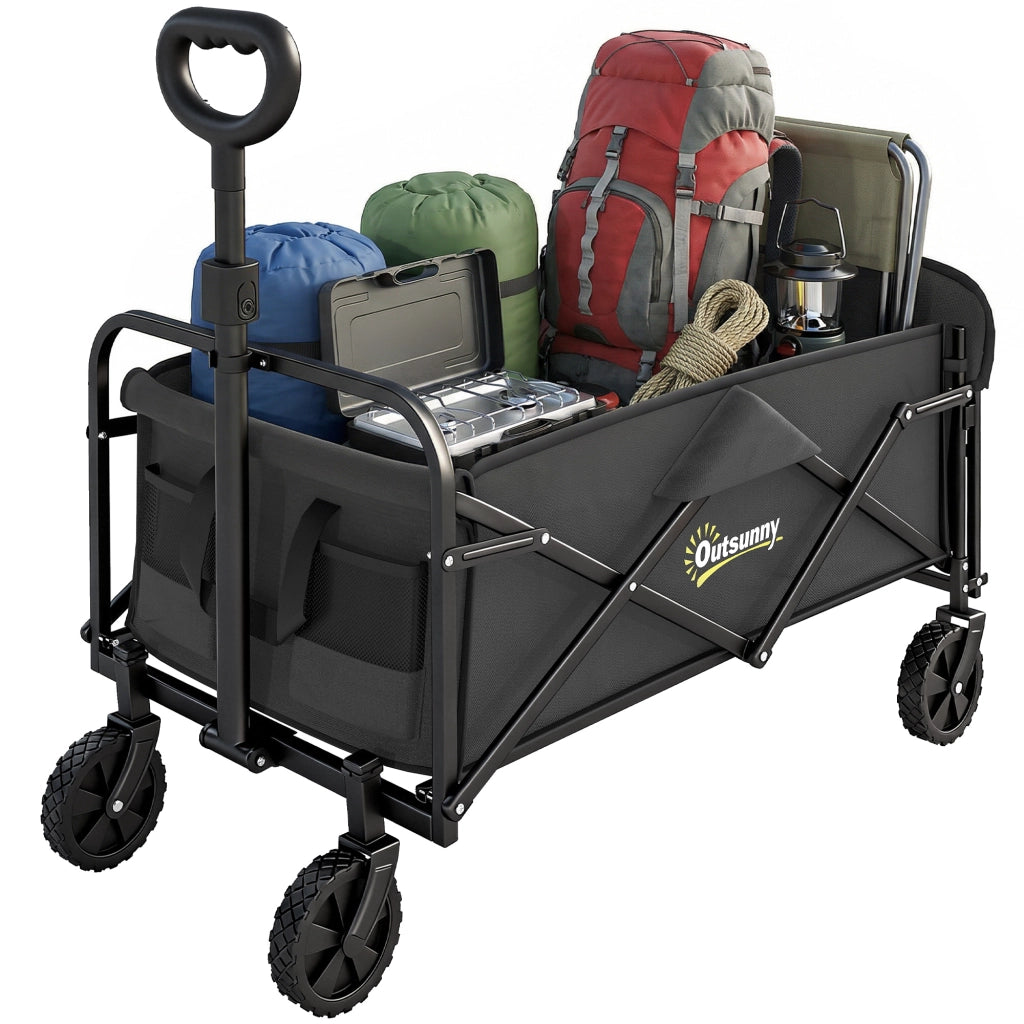Carrello da Giardino 72L Pieghevole con Manico Regolabile, in Acciaio e Tessuto Oxford, 114x46x92 cm, Nero
