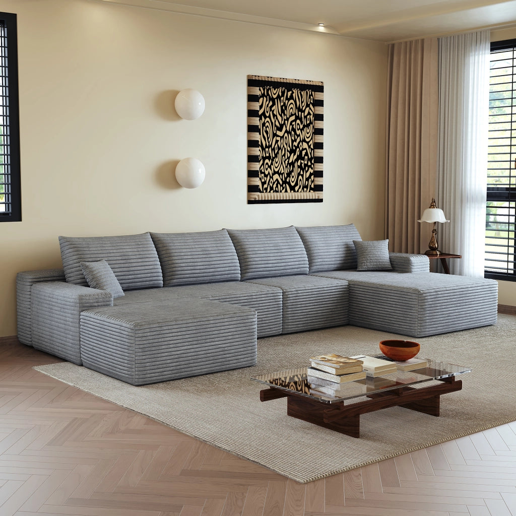 Divano angolare modulare con chaise longue, seduta profonda per soggiorno in tessuto a coste grigio