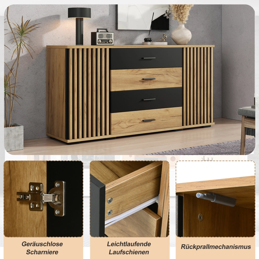 SIDEBOARD 140x35x70 cm in MDF nero e effetto rovere con 4 cassetti e 2 ante