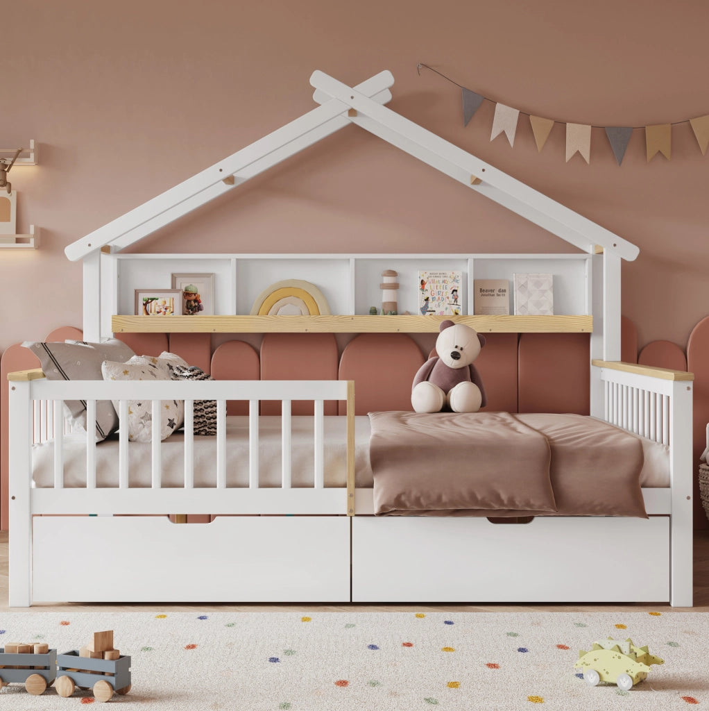 Letto per bambini a casetta con sponde, cassetti e spazio contenitore