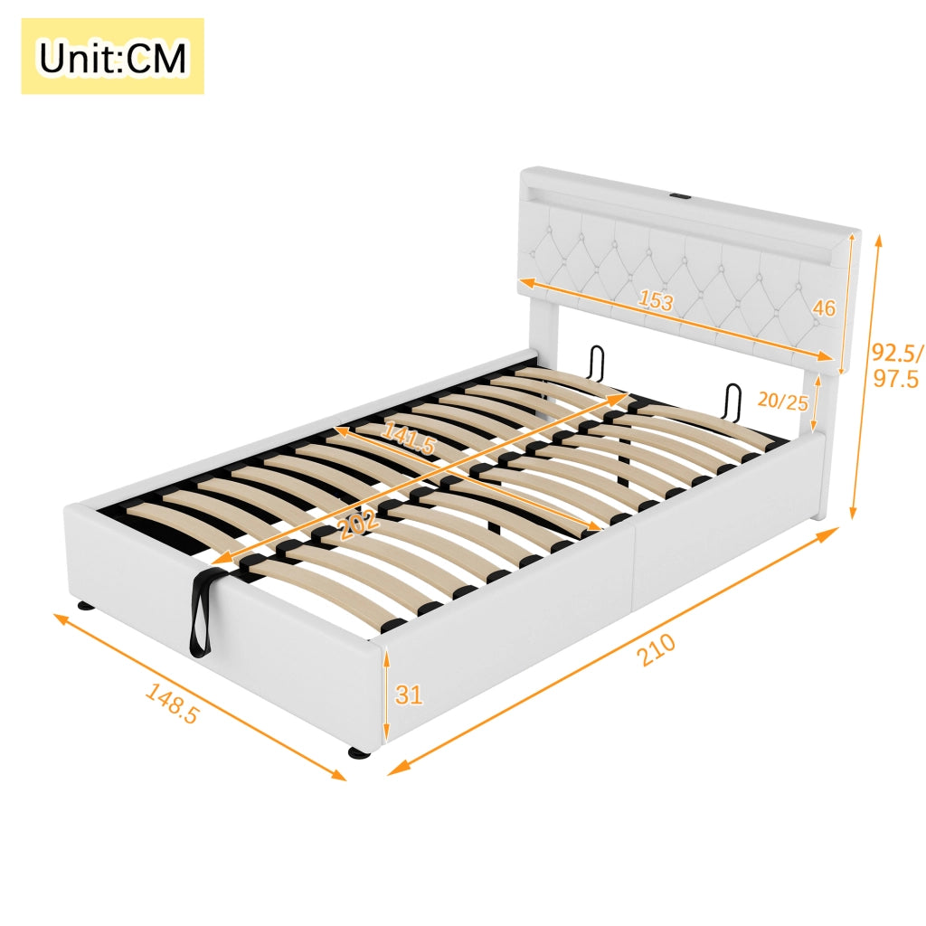 LETTO Imbottito Contenitore 140x200 cm in Lino Bianco con LED, USB e USB-C