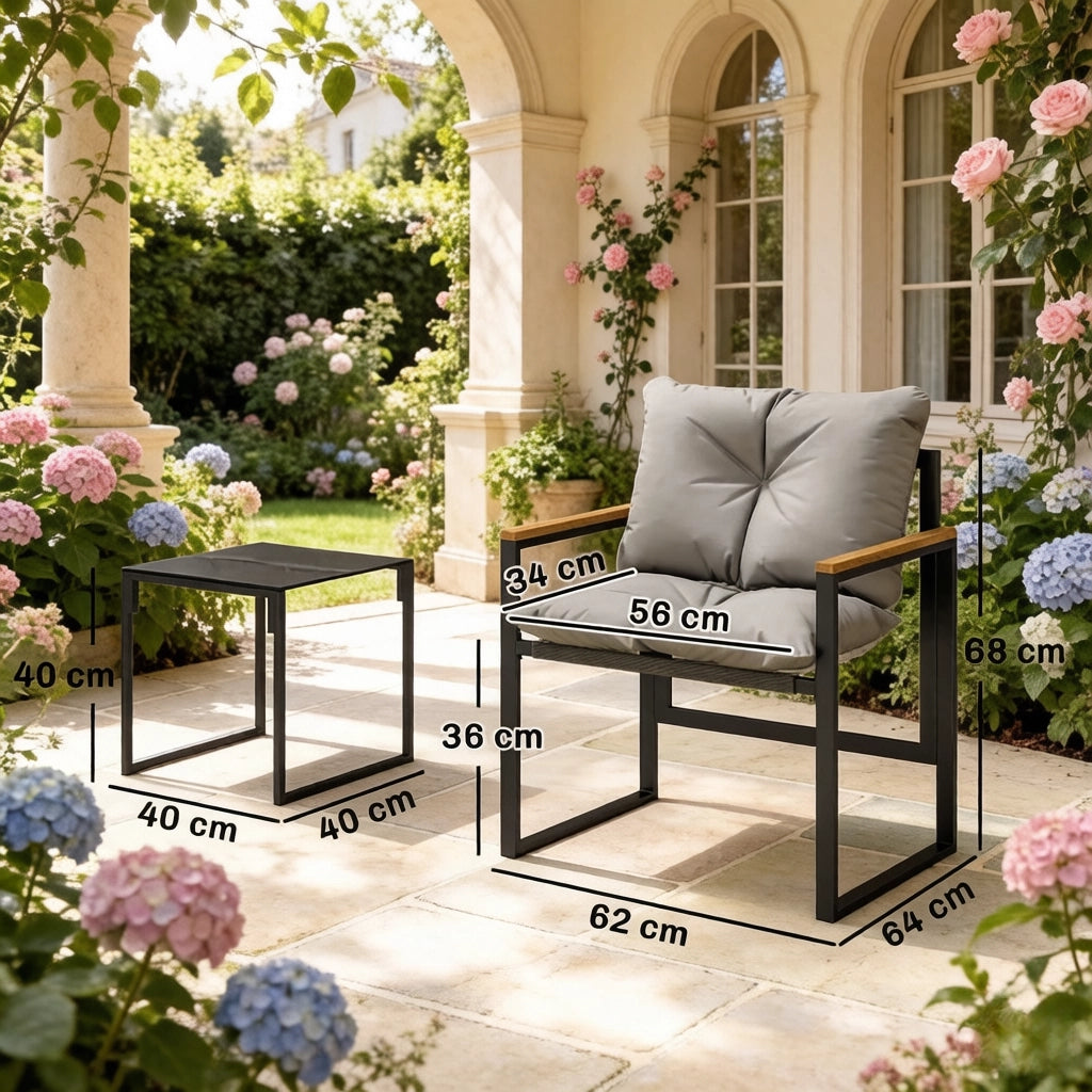 Set da giardino 2 posti con cuscini e tavolino in metallo nero e grigio
