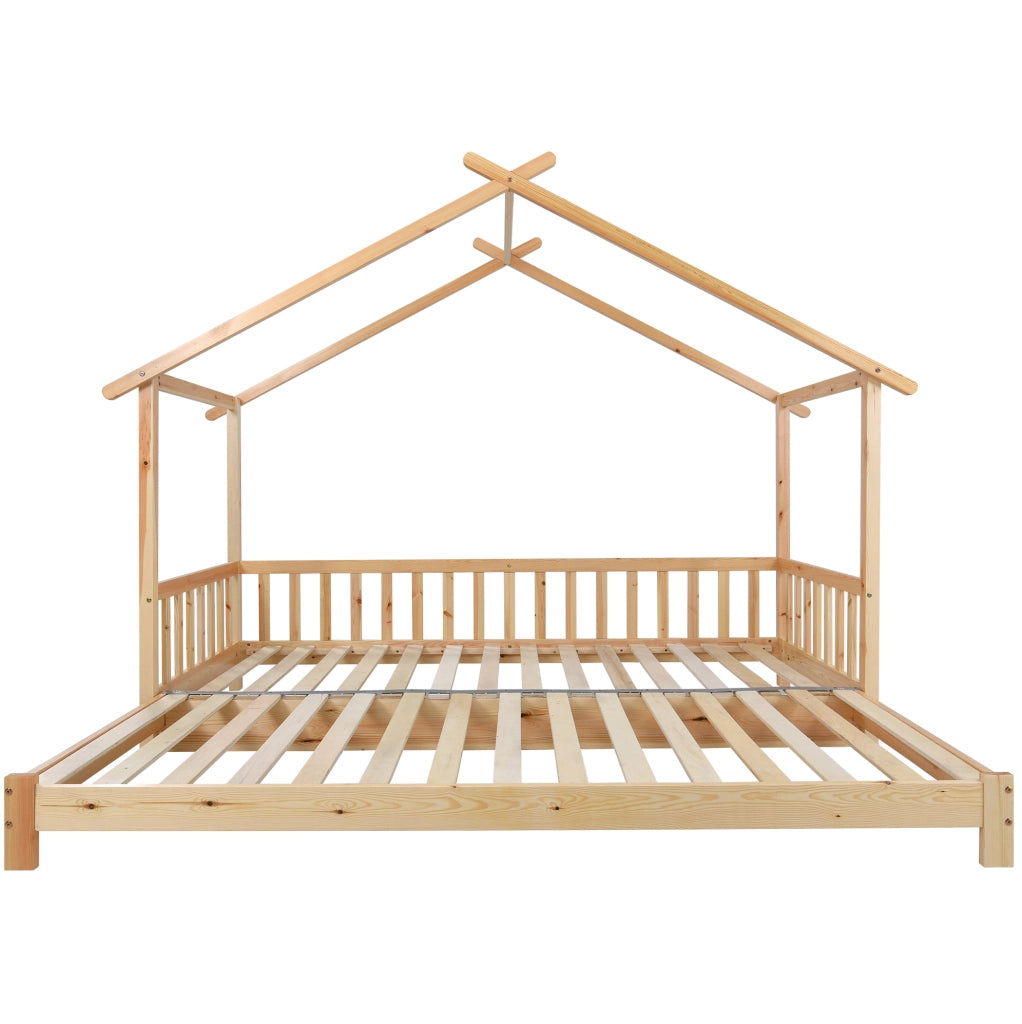 Letto a castello in legno massello di pino, letto singolo e matrimoniale estraibile, design a casetta naturale (200x90cm & 200x180cm)