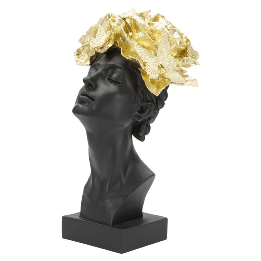 Scultura Donna con farfalle sul capo in resina nera e oro