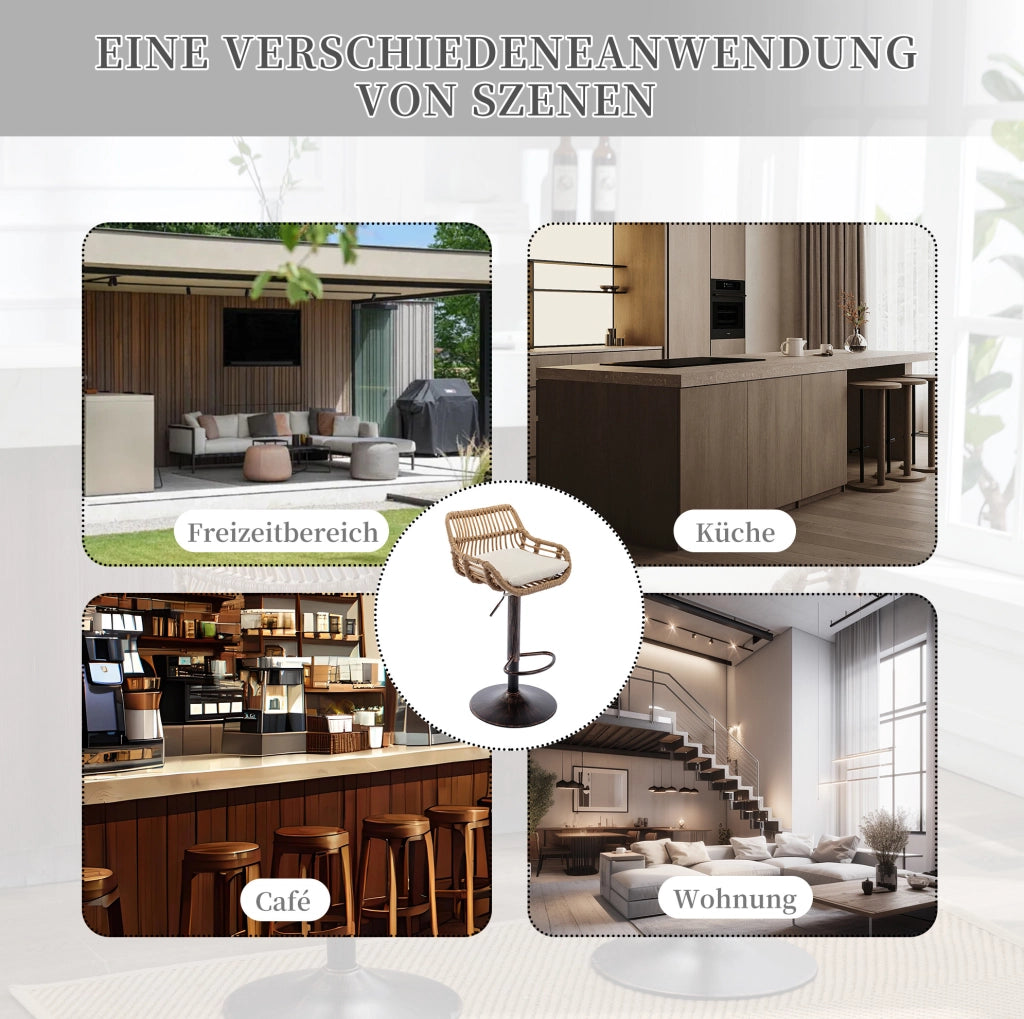 Set 2 sgabelli da bar regolabili e girevoli 360° con braccioli; lino e rattan PE; beige
