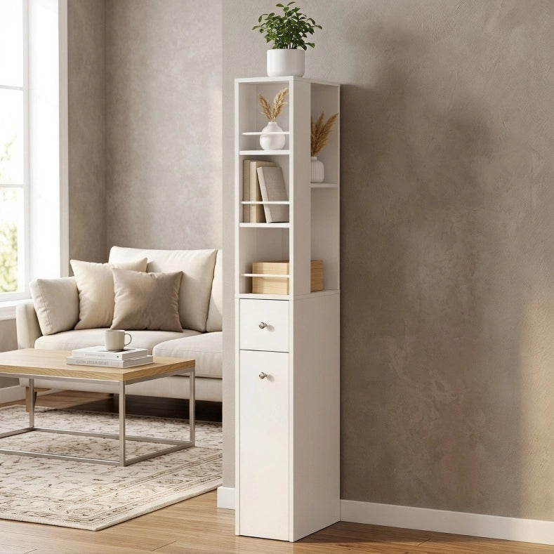 Armadio bagno alto slim 135 cm con 2 cassetti, 2 ripiani laterali e 3 scomparti, bianco