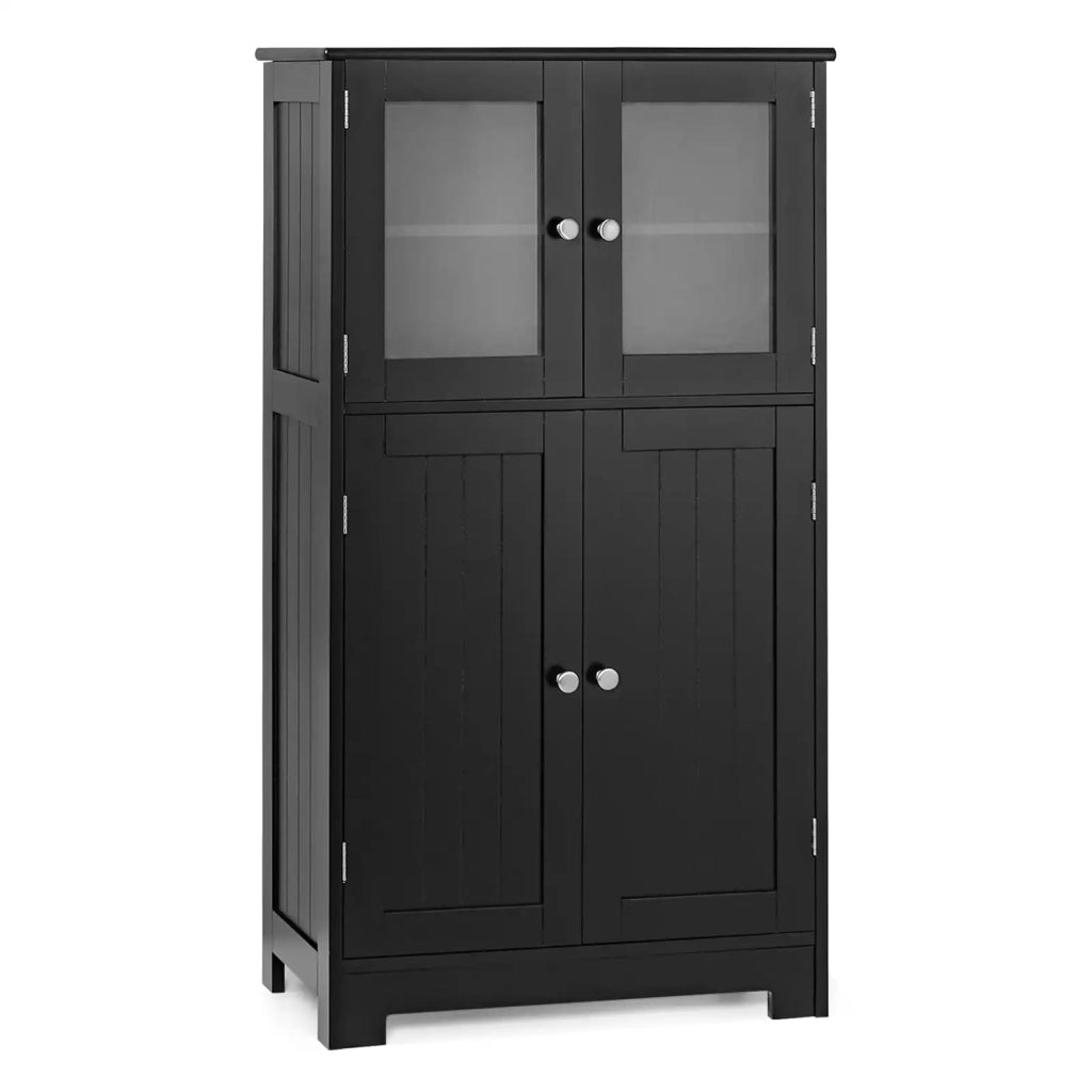 Mobile Alto da Bagno a Colonna in Legno MDF e Vetro Nero con Ante e Ripiano Regolabile Salvaspazio per Casa