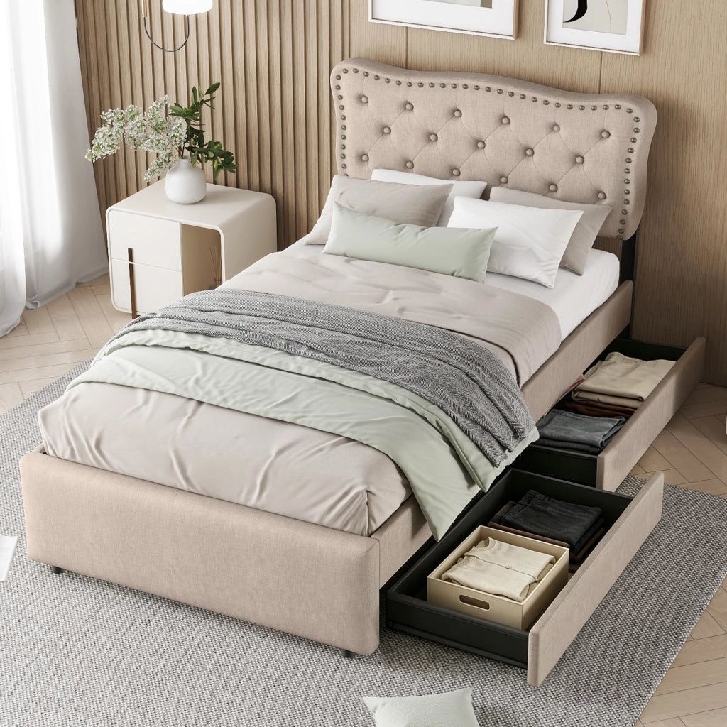 Letto con cassetti 90 × 200 cm imbottito con testiera regolabile e borchie decorative in lino e MDF beige scuro