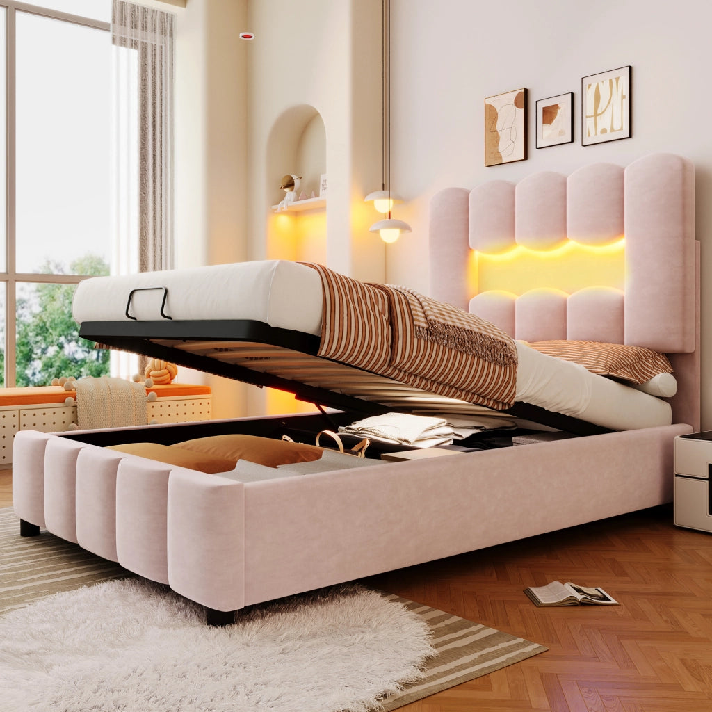 Letto Singolo Imbottito 90x200 cm in Velluto con Contenitore Idraulico; LED; Testiera; Rosa