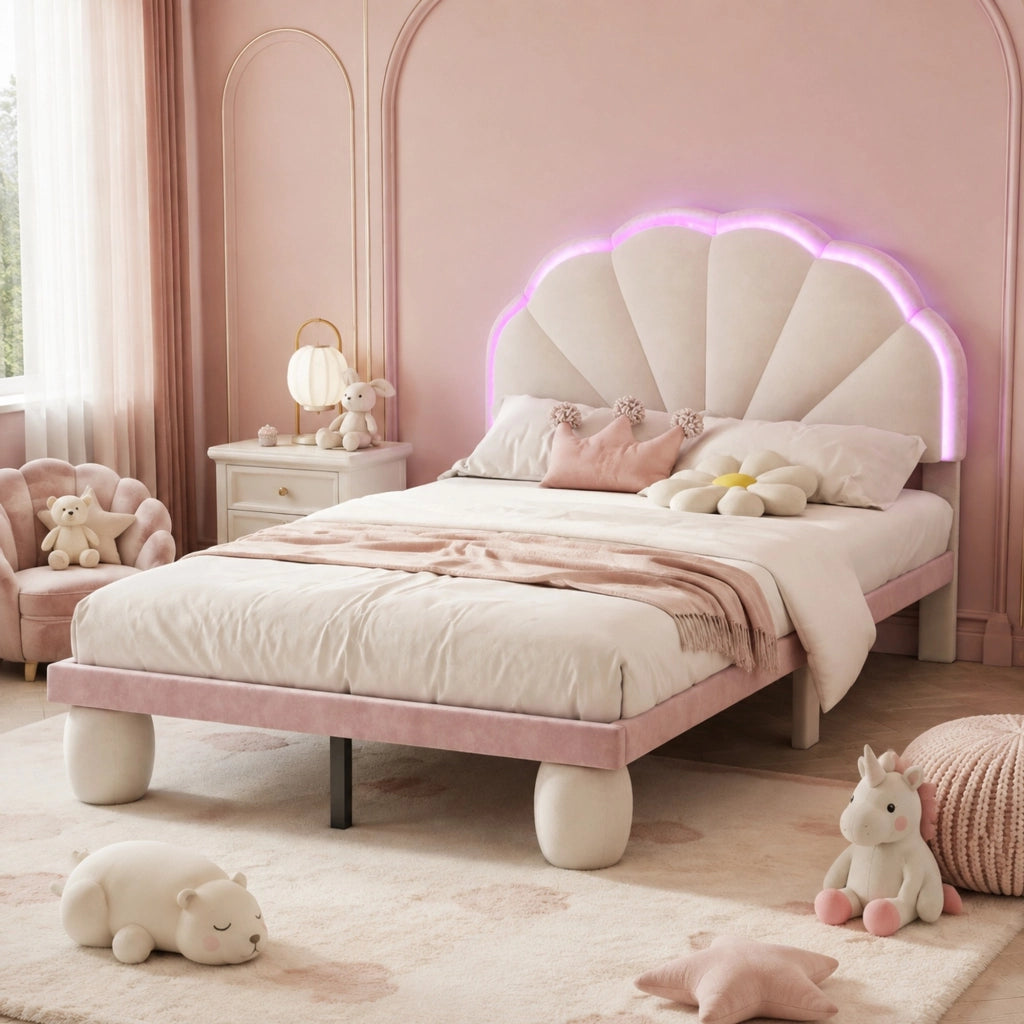 Letto singolo 90 ¡Á 200 cm con testiera imbottita LED multicolore in PU rosa e bianco con rete a doghe