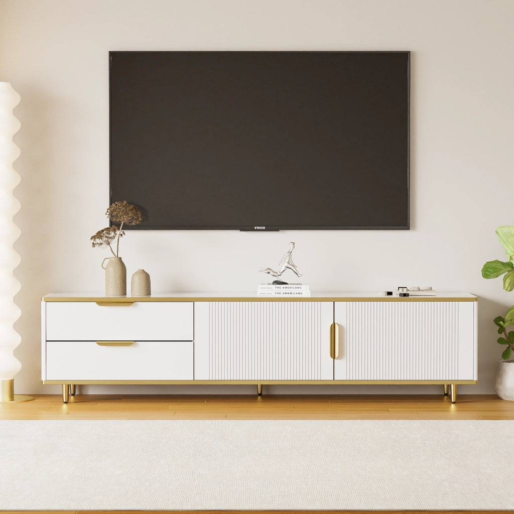 Mobile TV con 2 cassetti e 2 vani chiusi, ante scolpite, piedi rialzati, bianco e oro, 170 × 37 × 45 cm
