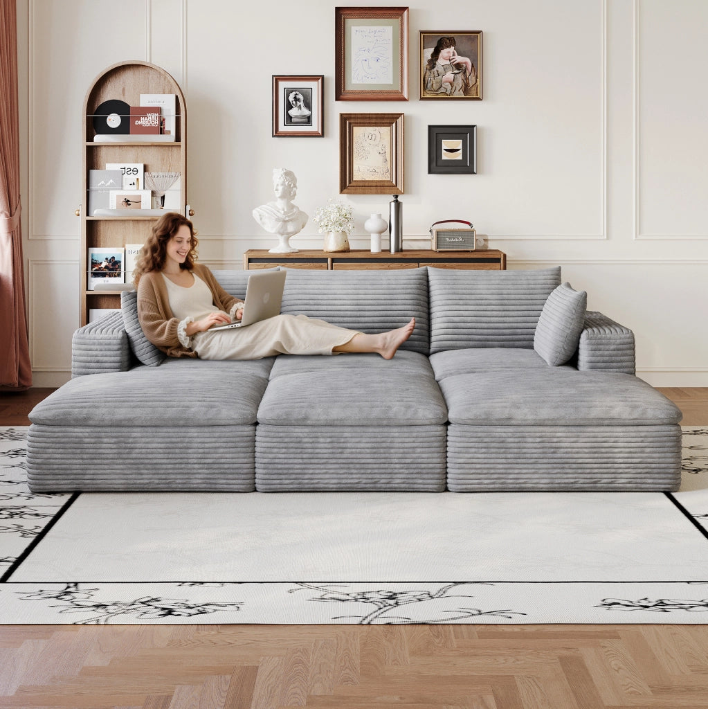 Divano Cloud 260 cm in tessuto di velluto a coste grigio scuro con imbottitura sfoderabile e design a doppio strato