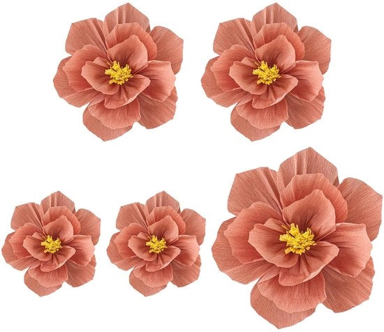 Set di Fiori di Carta - 5 Pezzi - Decorazione con Carta Crespata - Fiori Rosa - Decorazione per Parete - Fatto a Mano - Multi-formato - Decorazione di Fiori
