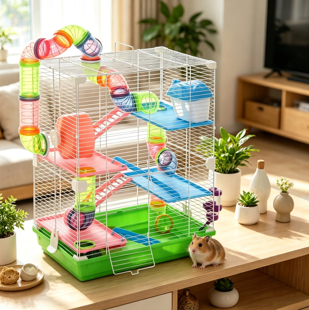Gabbia per Criceti a 4 Piani con Accessori 46 x 30 x 58 cm Verde - per Piccoli Roditori in Casa