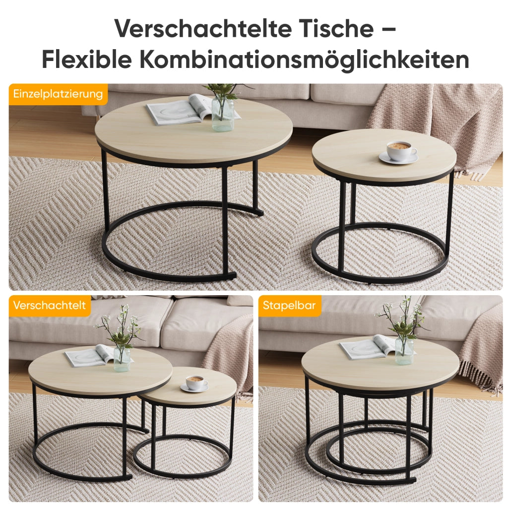 Set di 2 tavolini da salotto rotondi sovrapponibili; effetto rovere; ferro e truciolare
