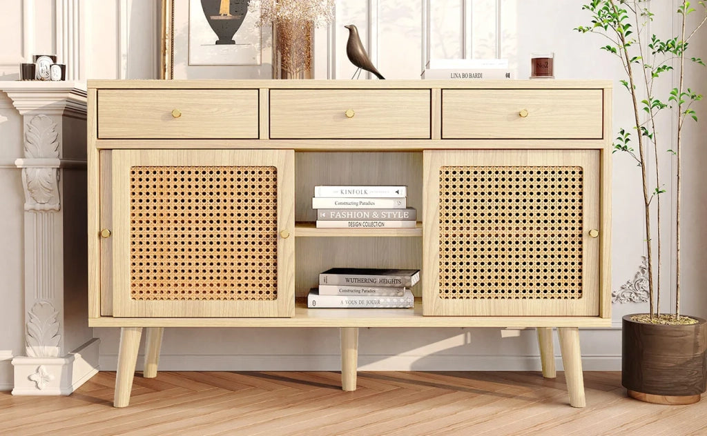 Sideboard con 3 cassetti e 3 ante scorrevoli, intreccio di rattan, gambe in legno massello, maniglie in metallo dorato, ripiani regolabili, rovere, 120x40x78 cm