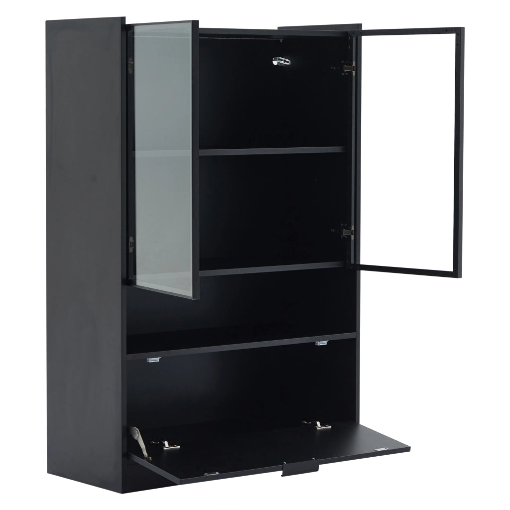Vetrina LED con ante in vetro temprato e vano a ribalta, mobile contenitore per soggiorno, nero, 80 × 35 × 120 cm