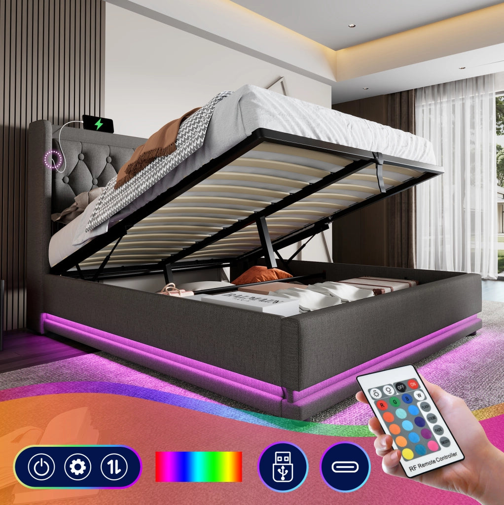 Letto matrimoniale imbottito 180x200 cm grigio in cotone con testiera imbottita, funzione di ricarica USB Tipo-C e contenitore idraulico, illuminazione LED su 3 lati (senza materasso)