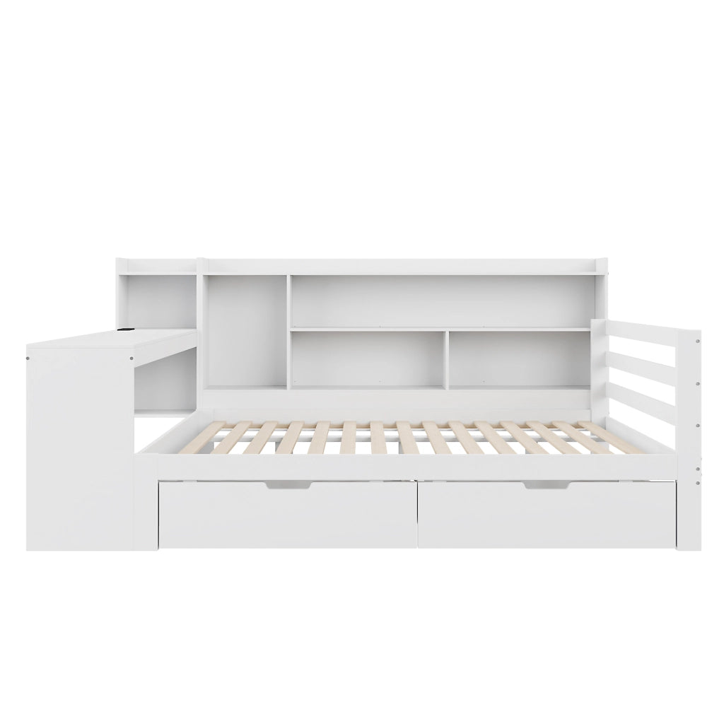 Letto matrimoniale 140x200 cm in legno bianco con scrivania; libreria; cassetti e presa USB