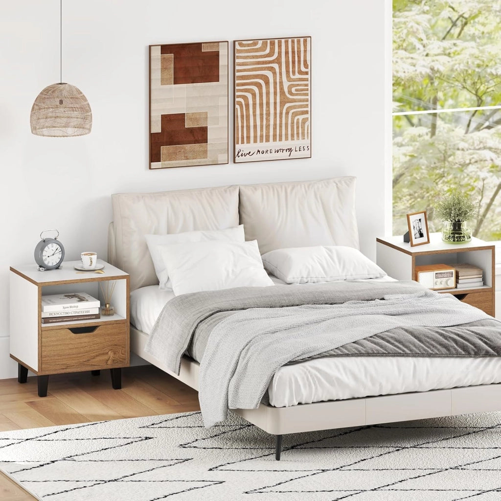 Comodino 37 x 33 x 44 cm, Tavolino da Letto con Cassetto, Scomparto Aperto e Gambe in Metallo, Mobile Laterale per Camera da Letto, Salotto e Soggiorno, Naturale e Bianco (1)
