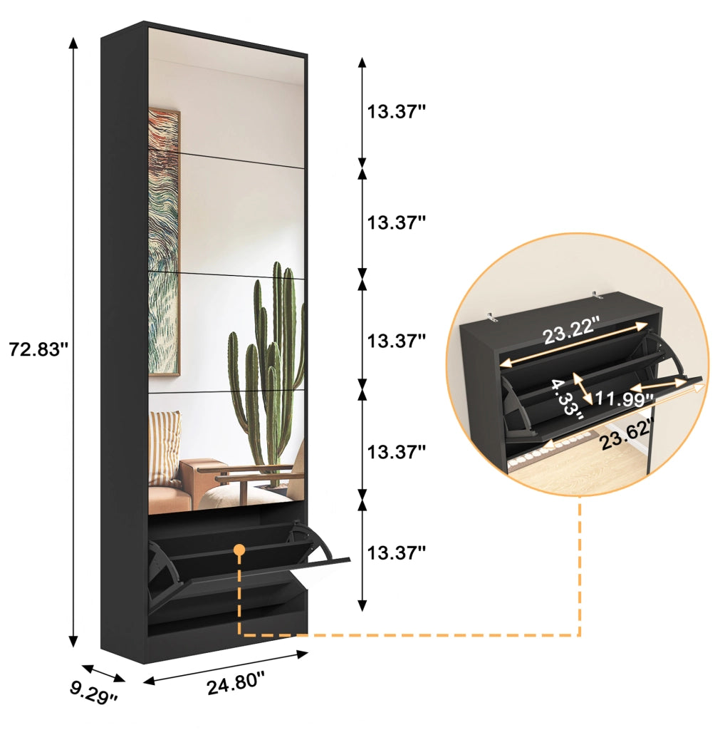 Scarpiera slim con specchio 5 ante a ribalta doppio ripiano in MDF nera 63×23;6×185 cm