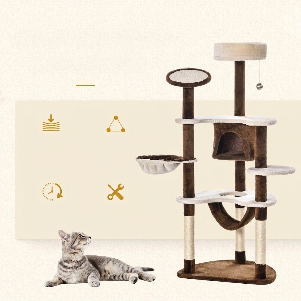 Tiragraffi per Gatti con Cuccia e Amaca 153 cm Marrone