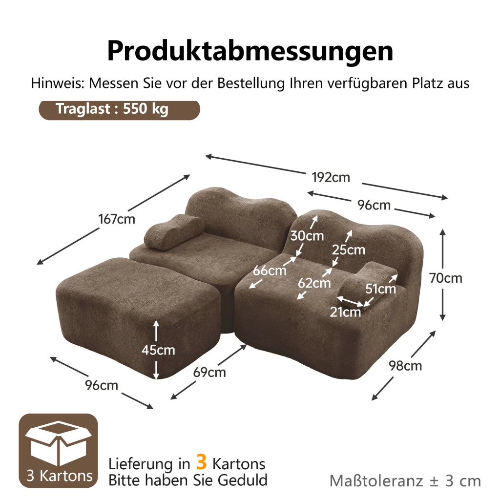 Divano modulare angolare 2 posti con pouf; forma ondulata; velluto marrone