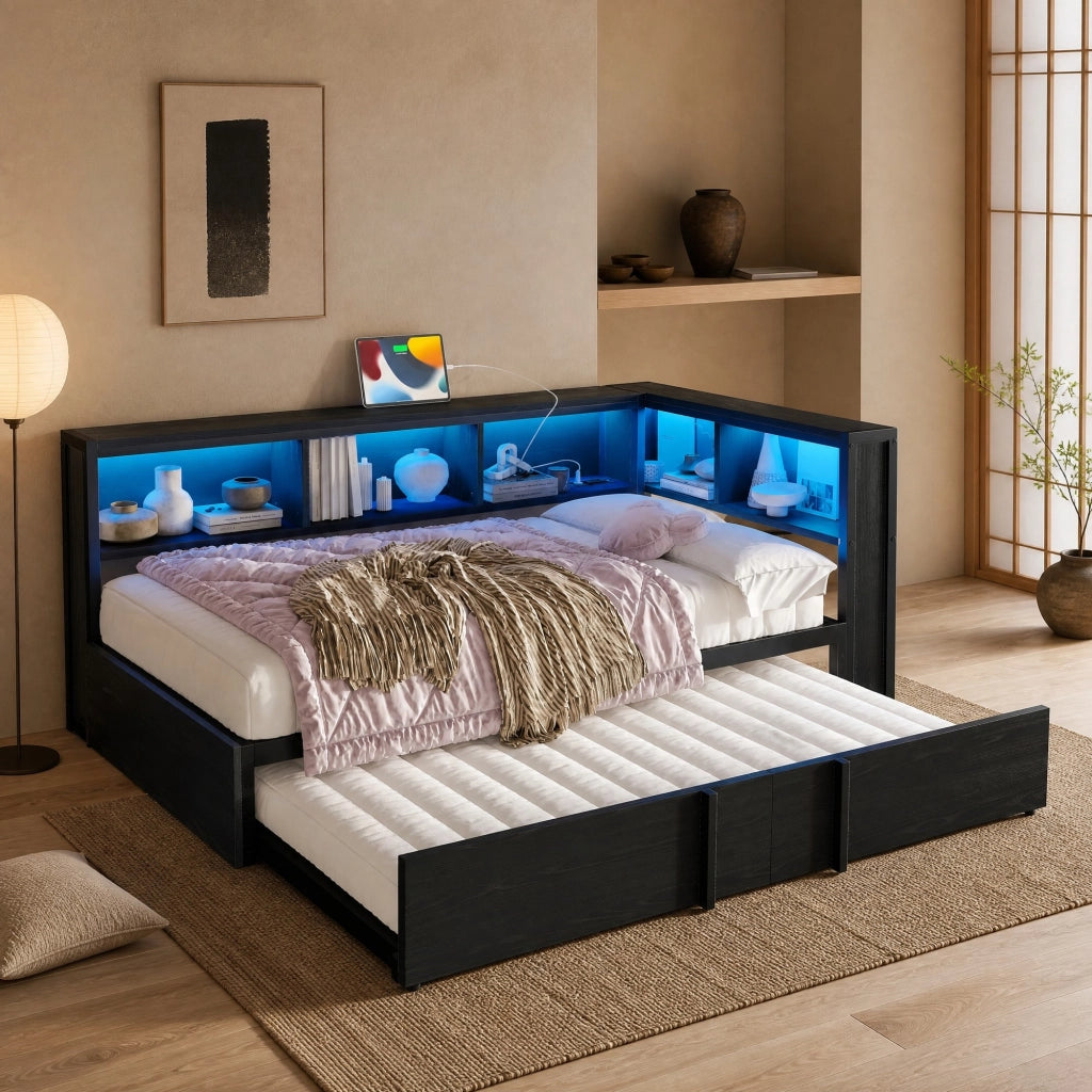 Letto con letto estraibile 90 × 200 cm con 5 armadietti; LED regolabile; prese USB; metallo e MDF nero