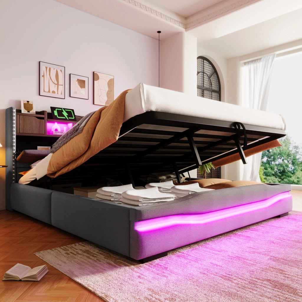 Letto imbottito 180x200 cm con contenitore idraulico, LED e prese USB, grigio