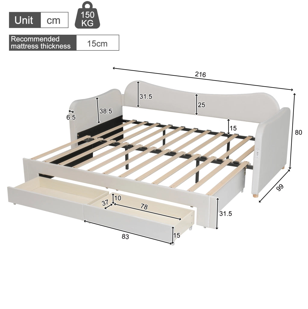 Letto multifunzione imbottito con cassetti, USB e funzione estraibile
