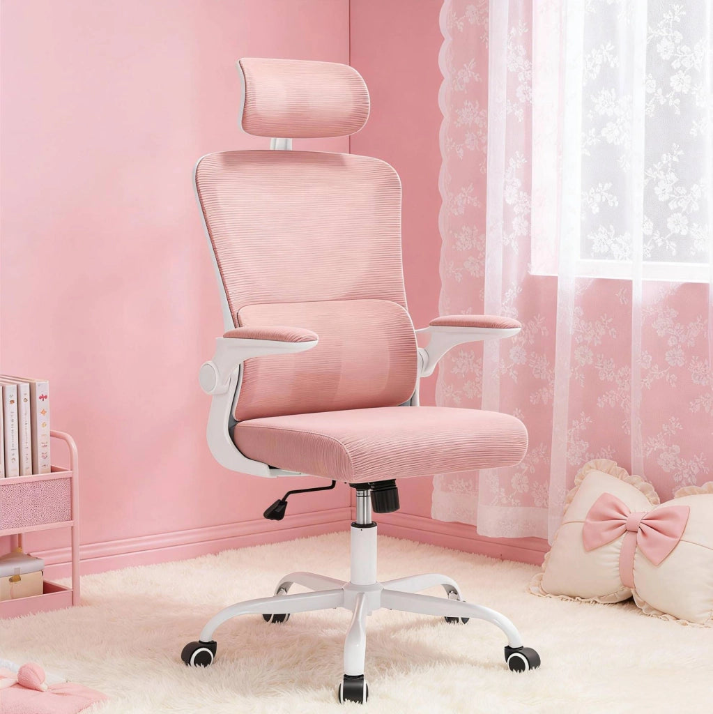 Sedia da ufficio ergonomica rosa con rete e ruote