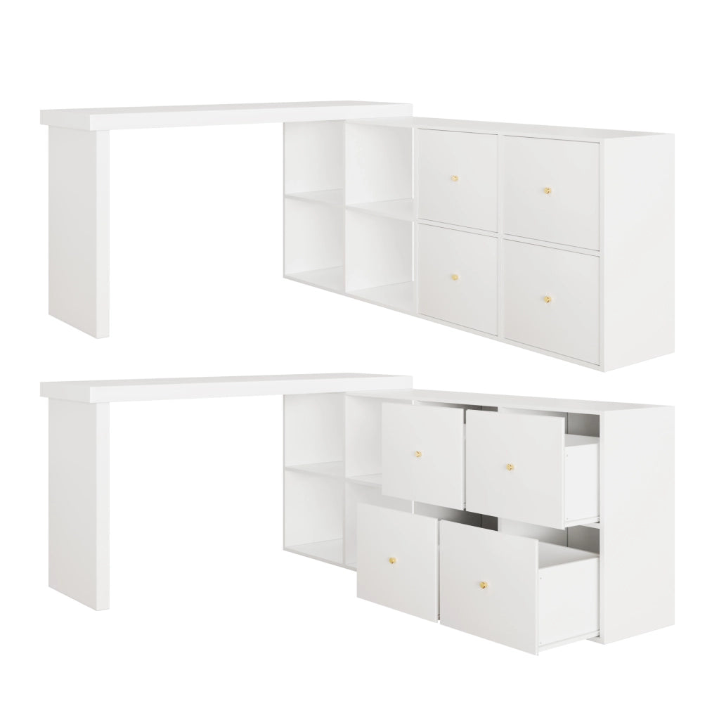 Scrivania angolare 140x120x78 cm in MDF bianco， girevole a 360°， con contenitori