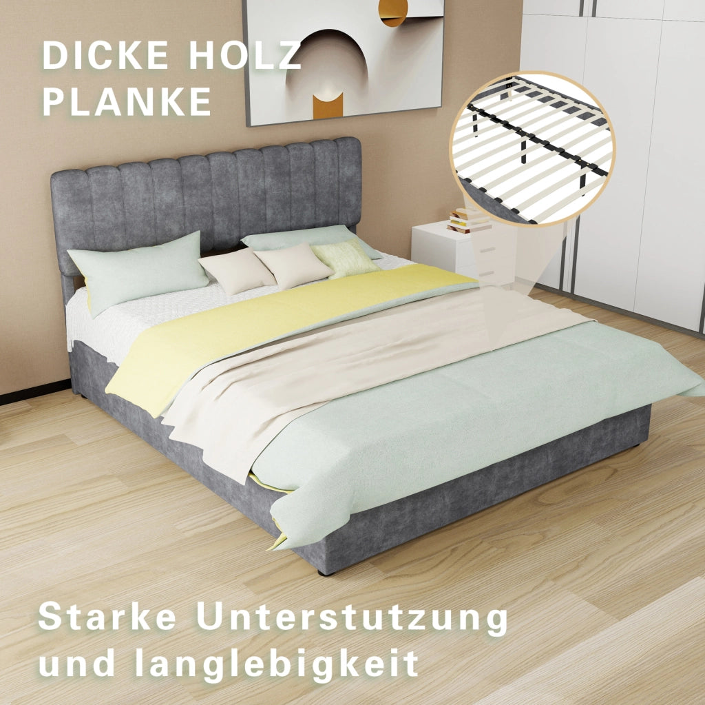 Letto imbottito moderno 160x200 cm con testiera morbida e contenitore grigio