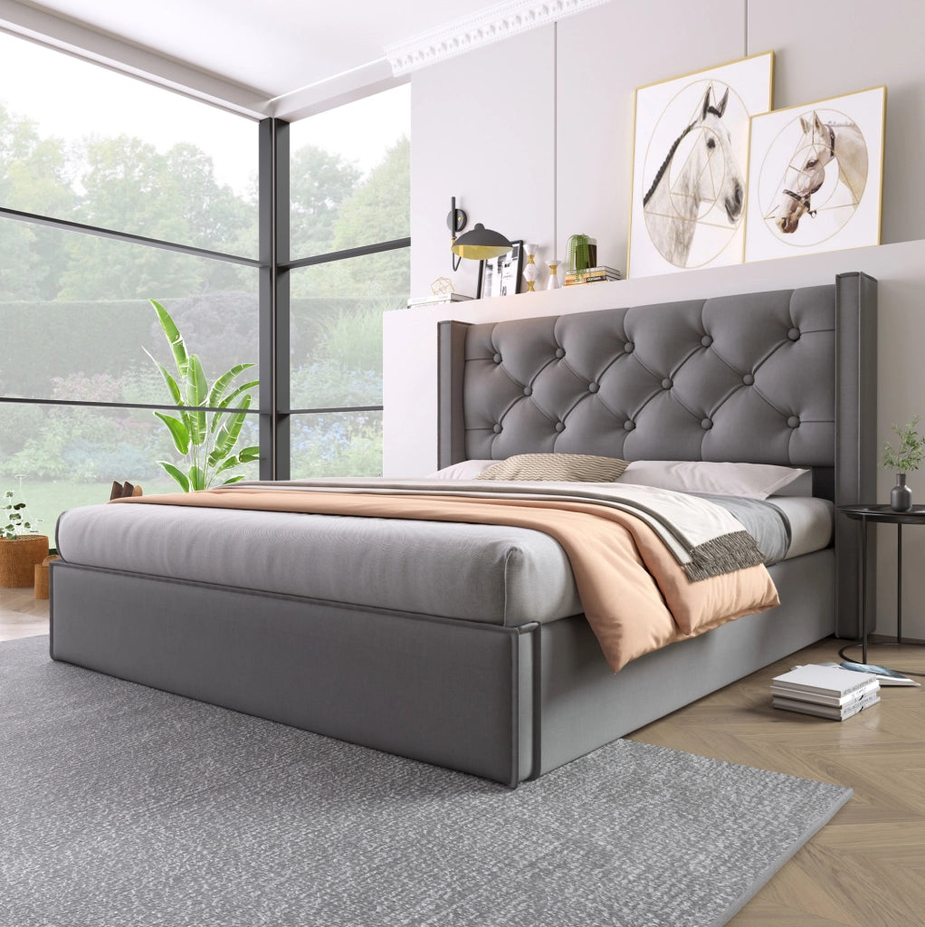 Letto 160x200 cm con contenitore e sollevamento idraulico in cotone grigio