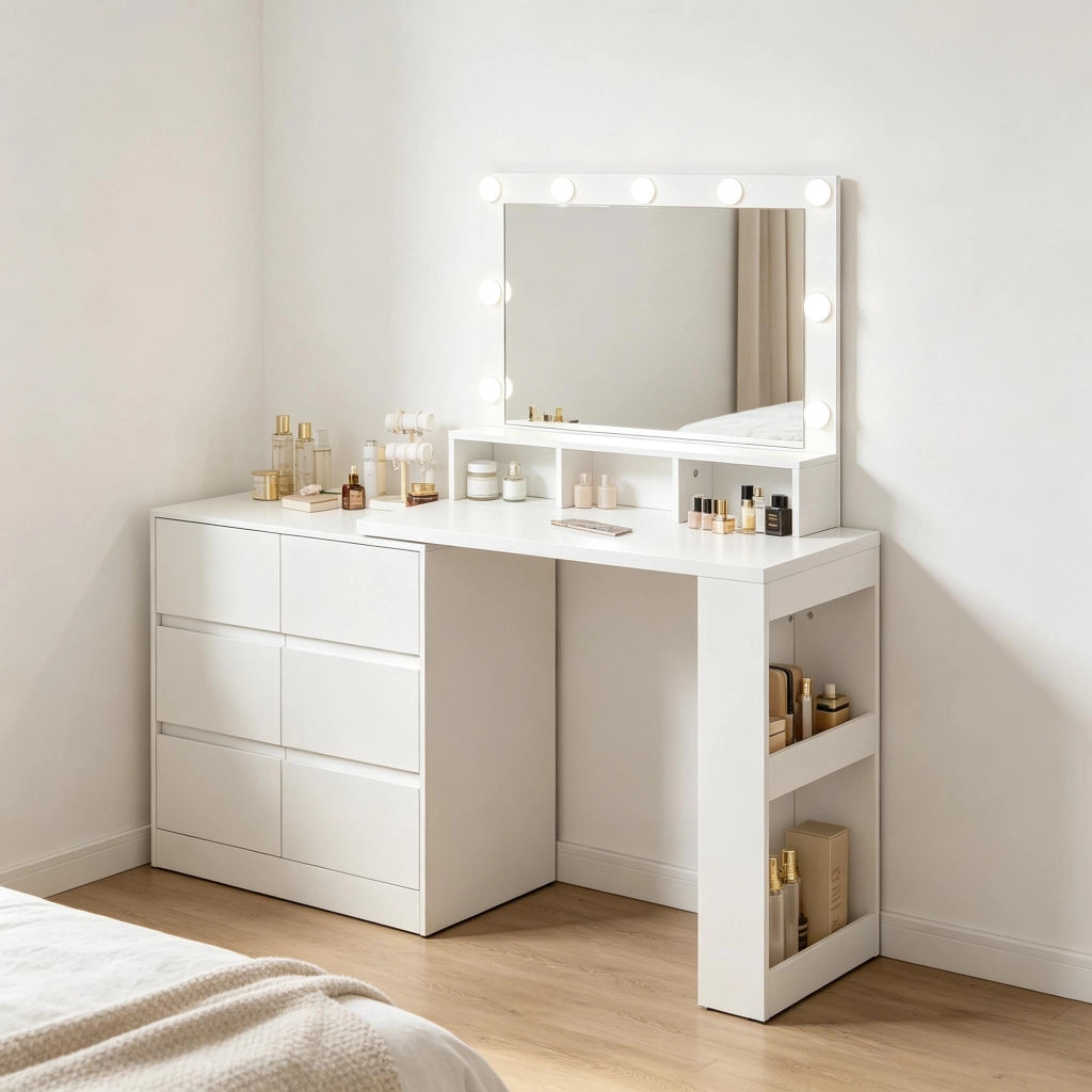 Toeletta con specchio LED regolabile; 6 cassetti e configurazione lineare o a L bianca 90 ¡Á 134.5 ¡Á 40 cm