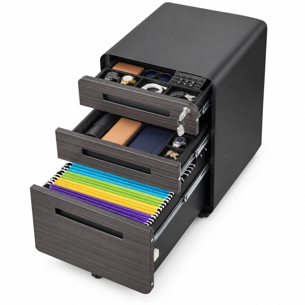 Cassettiera da scrivania 3 cassetti con serratura e ruote; per file A4. metallo nero marrone 53.5 × 47.0 × 62.7 cm