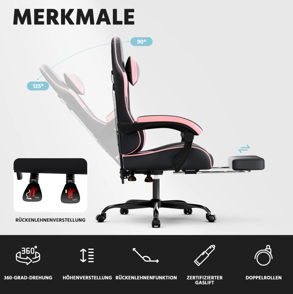 Poltrona gaming reclinabile nera e rosa 73x63x121-131 cm in similpelle PVC