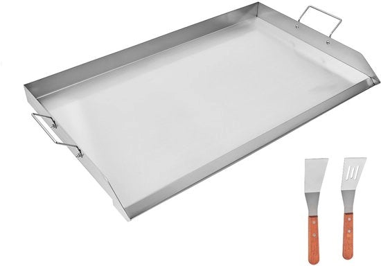 Piatta griglia in acciaio inox – Rettilineo (910 x 525 mm) – Superficie liscia, adatto per barbecue a gas e BBQ, ideale per Teppanyaki e cucina da viaggio con manico.