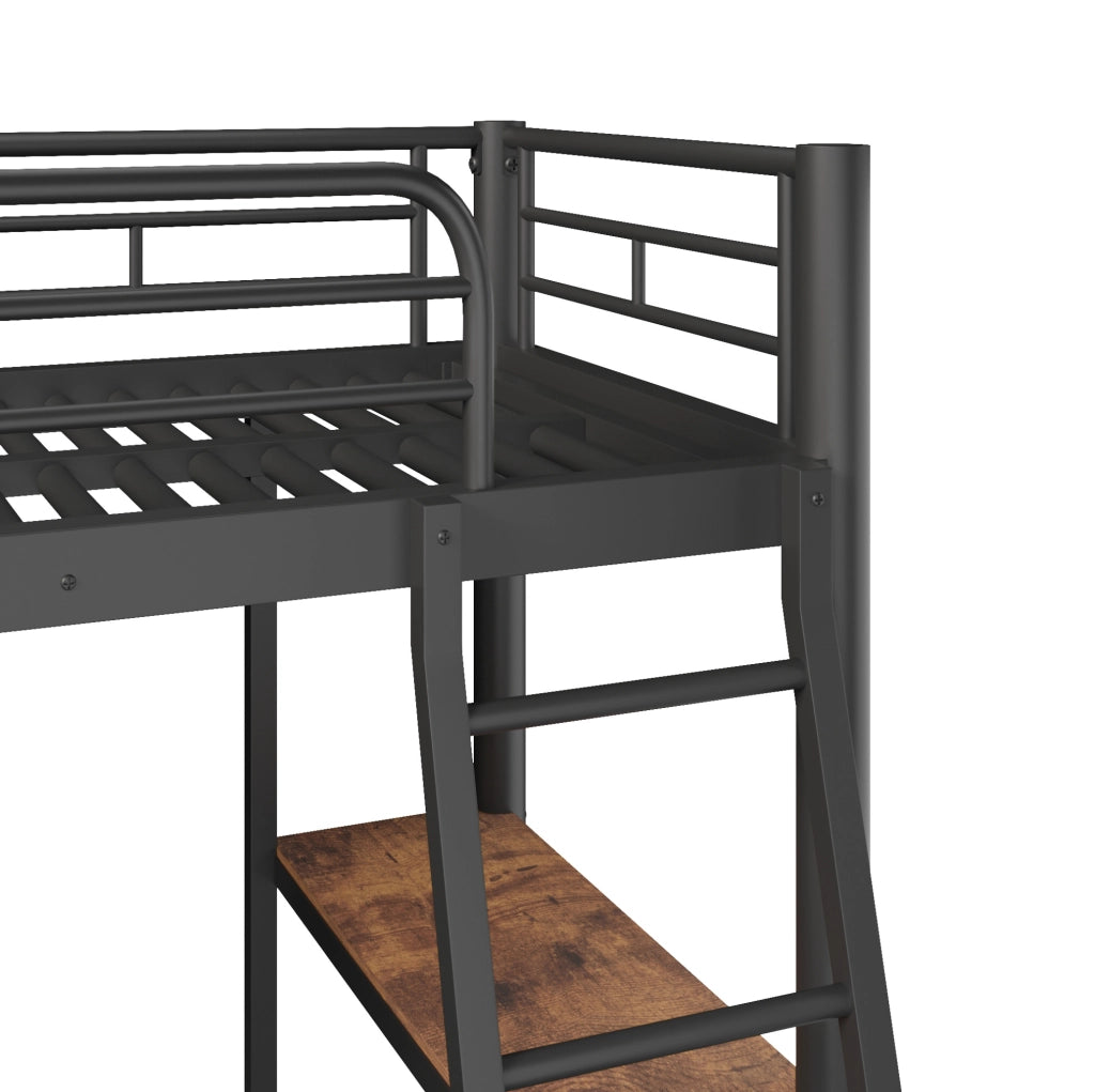 Letto a soppalco 90 x 200 cm con scrivania; scala doppia e parapetto alto; ferro e MDF; nero