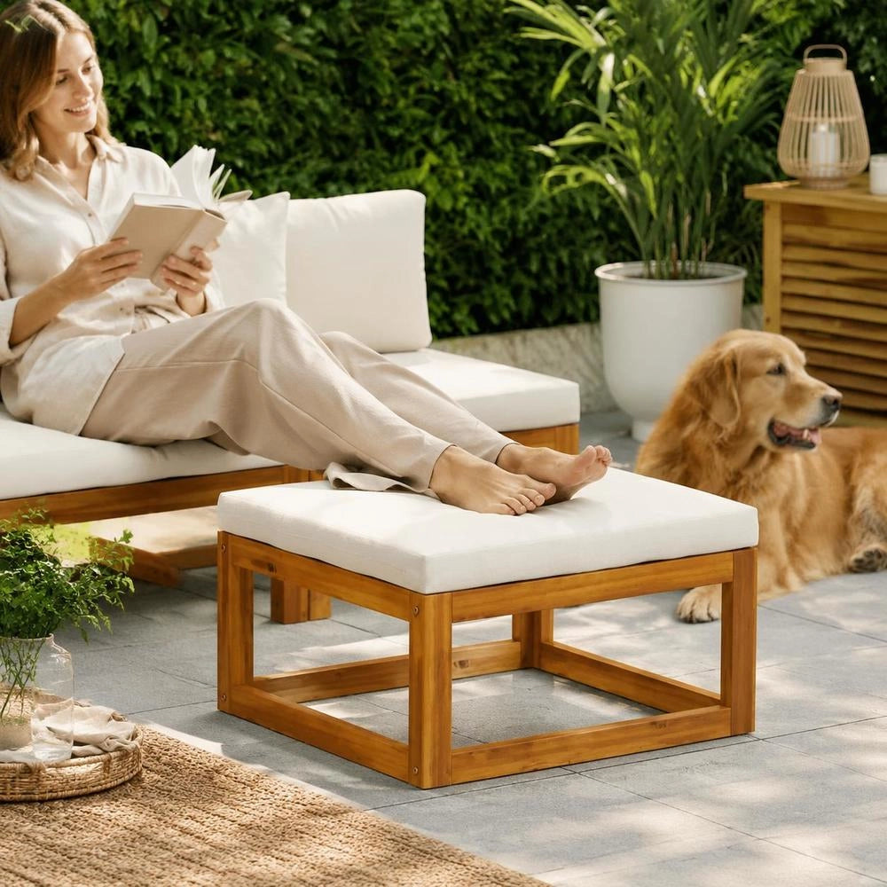 Footstool With Cream-white Upholstery, Solid Acacia Wood