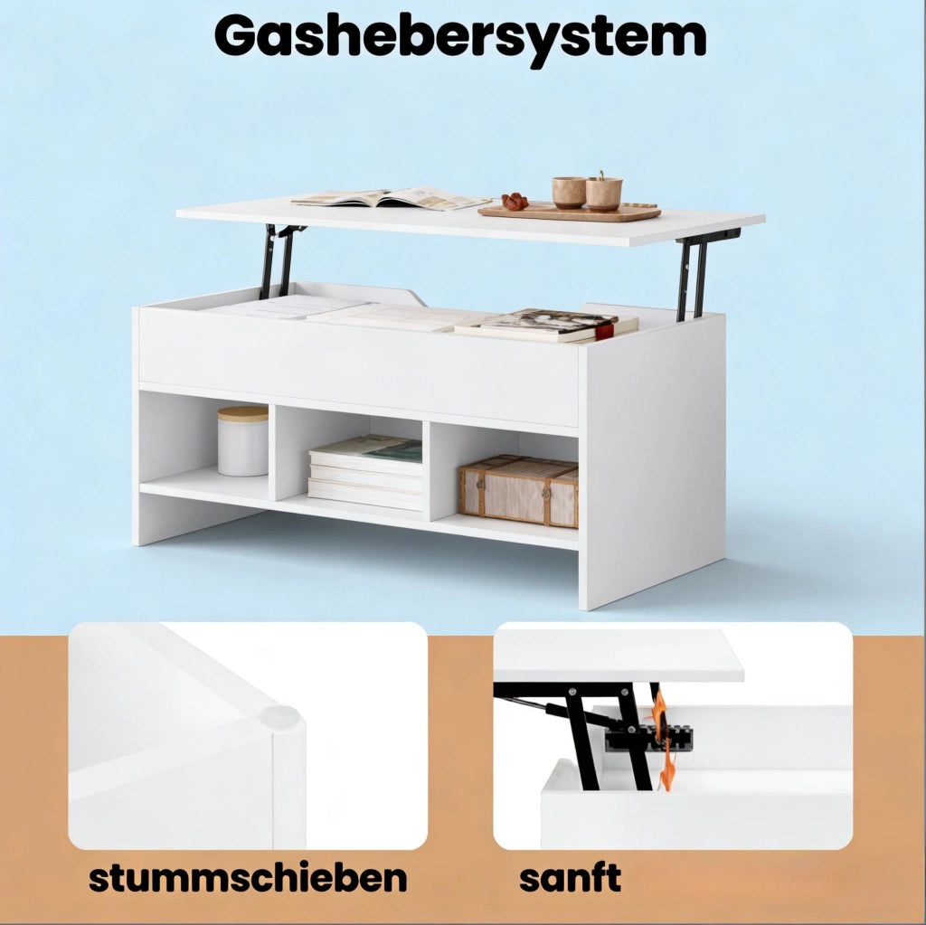 Tavolino Trasformabile Multifunzionale in Legno Bianco 96x45x51 cm con Piano Ribaltabile