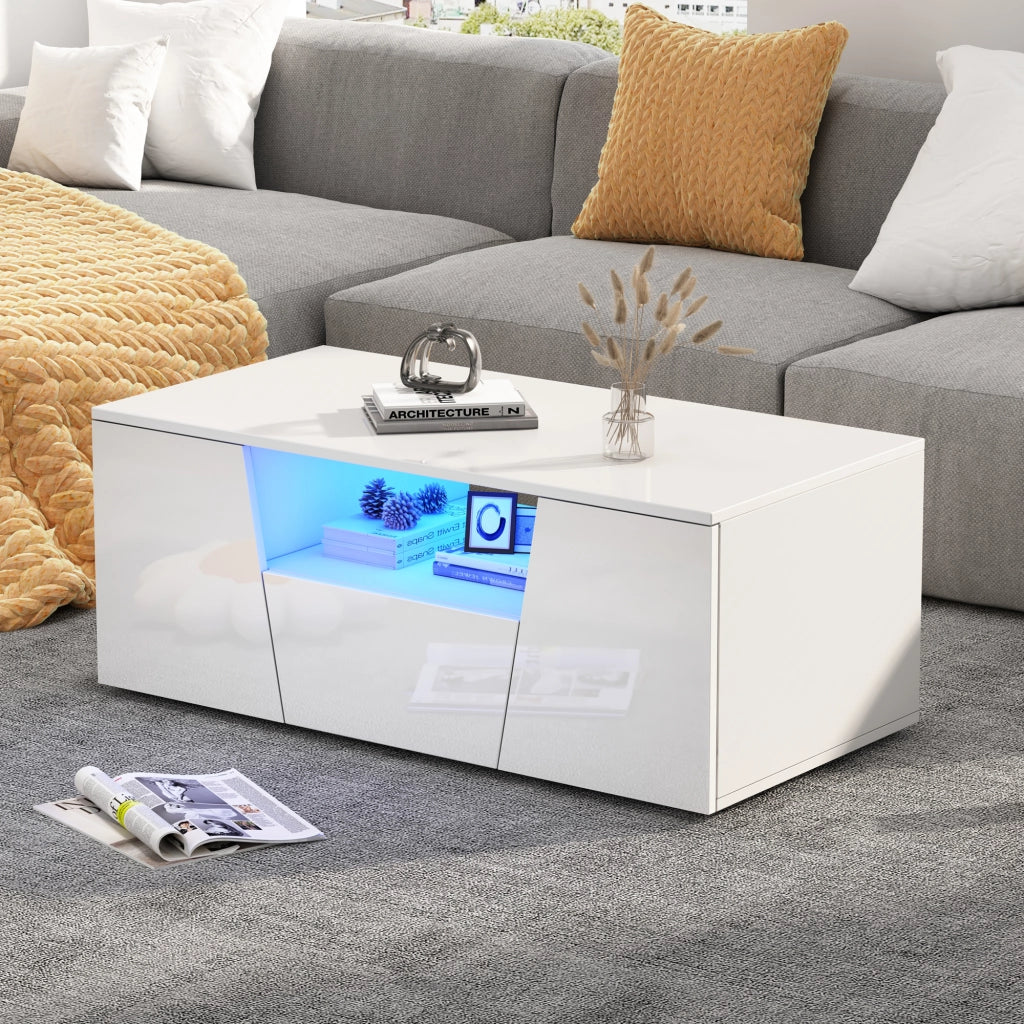 Tavolino da salotto LED con 2 ante, 1 cassetto e vano aperto, design irregolare moderno, bianco, 100 × 50 × 40 cm