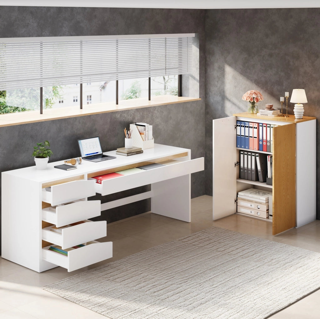 Armadio Archivio Moderno 80x40x110 cm in MDF Bianco e Rovere con Ante Soft-Close