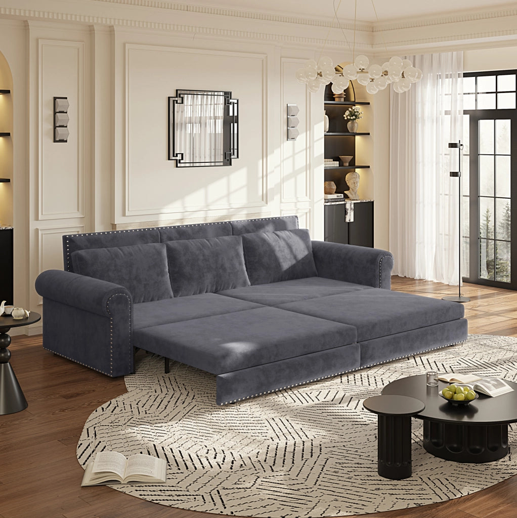 Divano letto estraibile ULEVR 238 cm 3 in 1 con schienali regolabili, velluto grigio e braccioli arrotondati