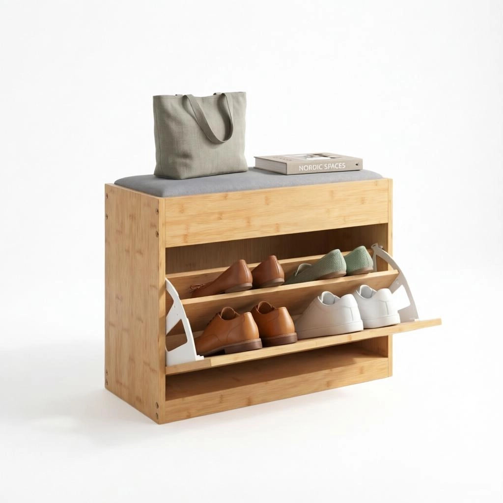 Panca da ingresso con scarpiera in bambù naturale anta in rattan PE cuscino e ripiani regolabili 48 × 63 × 29 cm