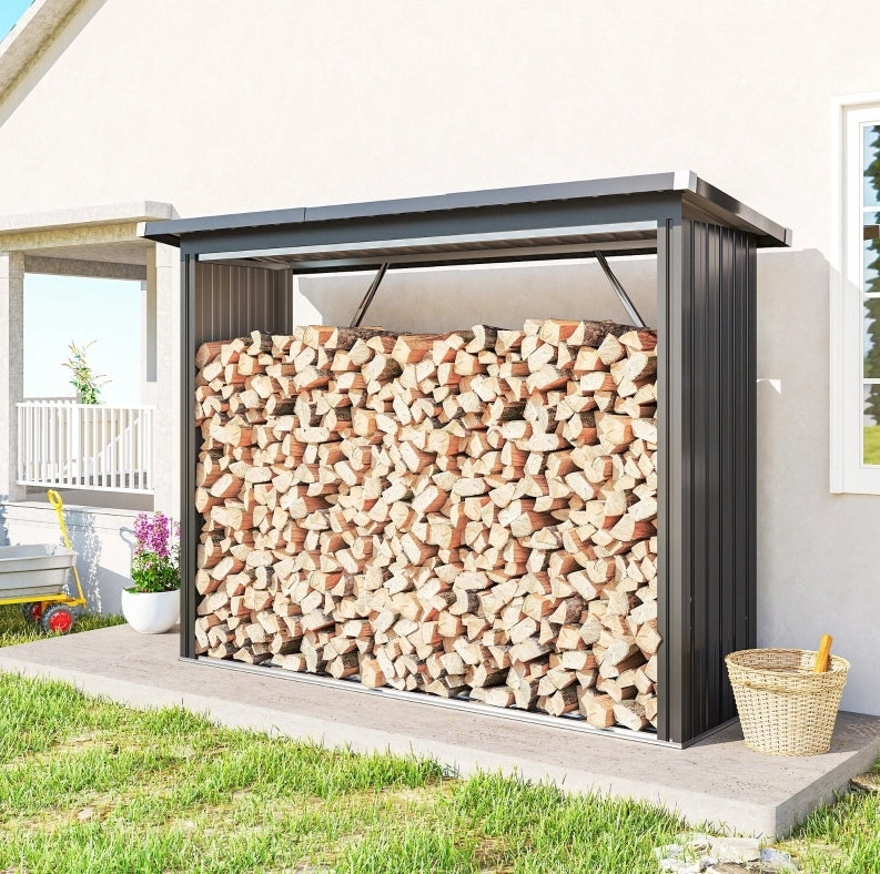 Brennholzschuppen in acciaio con base rialzata e tetto inclinato 213 x 66;5 x 144/150 cm; grigio scuro